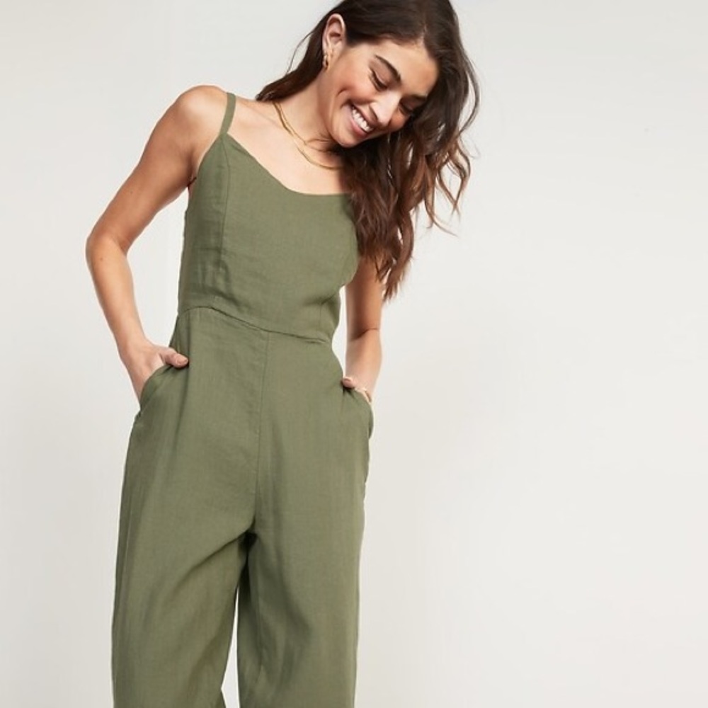 Linen-Blend V-Neck Cami Jumpsuit - Olive Green